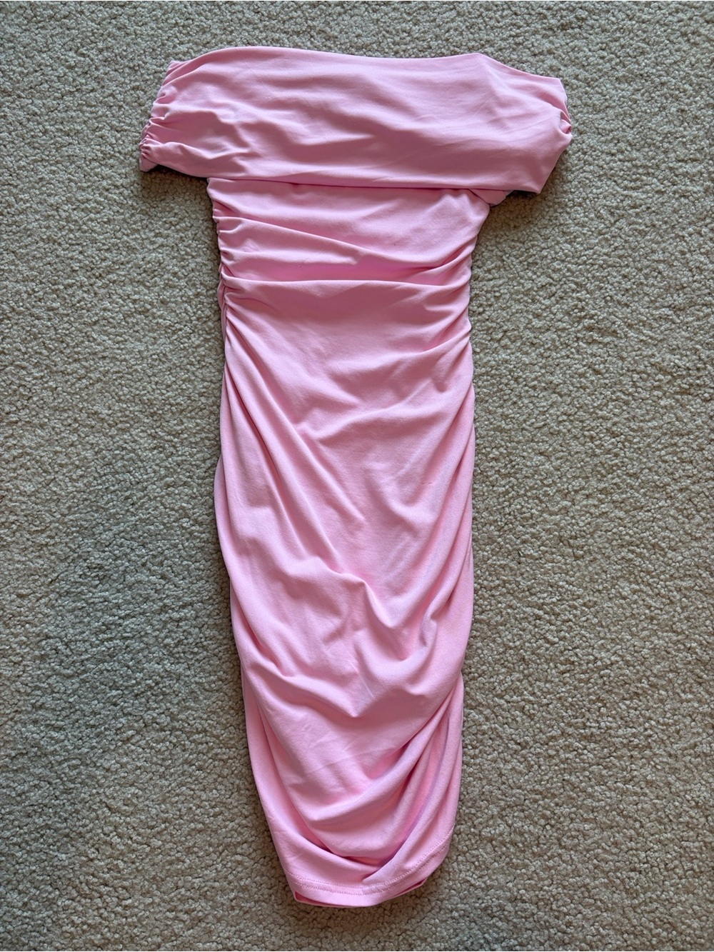 Off-Shoulder Pink Ruched Bodycon Dress - Picture 2 of 2